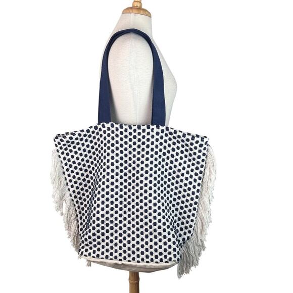 Woven Fringe Trim Tote Beach Bag Shopper Textured Blue White Summer Boho Coastal - Picture 1 of 10